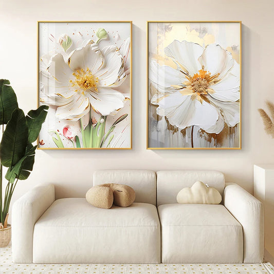 Light Luxury Big White Petal Floral Wall Art Fine Art Canvas Prints - Modern Botanical Art For Living Room Reception Room Foyer Art For Contemporary Interiors