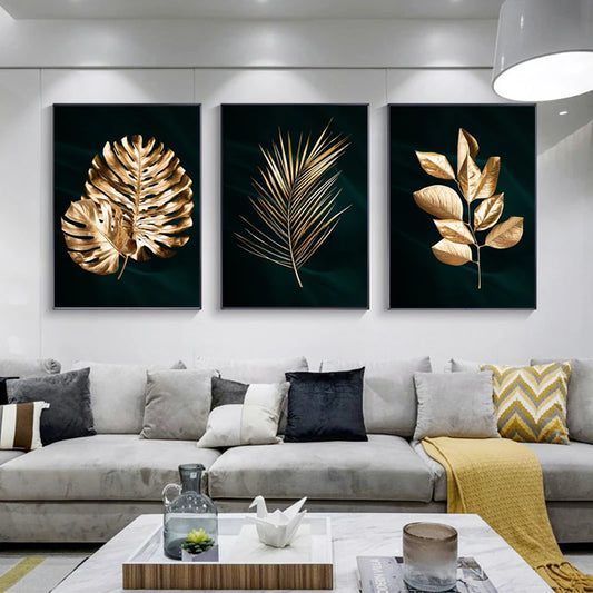 Set of 3PCs Golden Monstera Wall Art Fine Art Canvas Prints - Modern Tropical Botanical Pictures For Living Room Dining Room Art For Contemporary Interiors