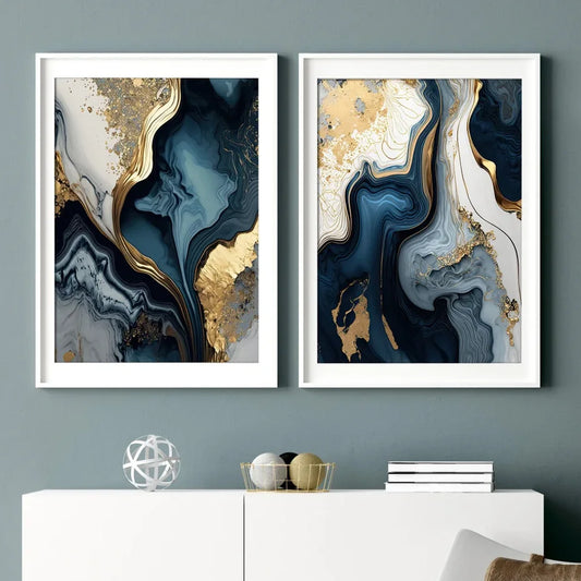 Golden Aqua Blue Marble Print Wall Art Fine Art Canvas Prints - Abstract Art For Luxury Living Room Dining Room Bedroom Art For Contemporary Apartment Decor