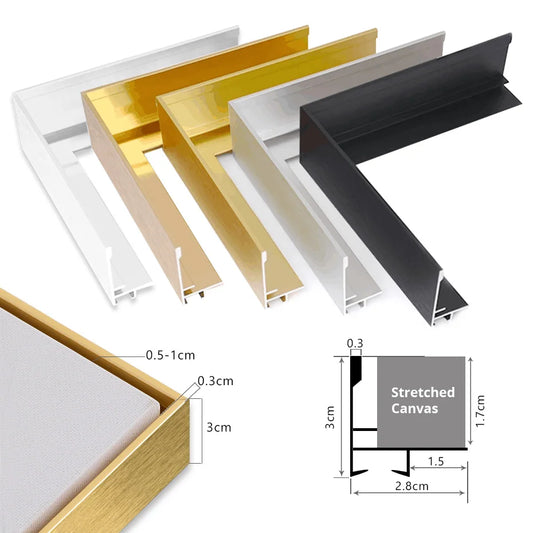 Slim Metal Bezel Floating Canvas Picture Frame Brushed Gold Silver Sizes 60x90, 50x70, 40x50cm etc DIY Framing Kit Includes Outer Metal Frame + Inner Wood Frame