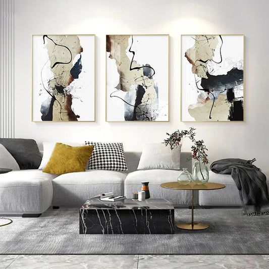 Abstract Beige Black Ink Splash Wall Art Fine Art Canvas Prints - Modern Art For Entranceway Foyer Living Room Dining Room Wall Decor