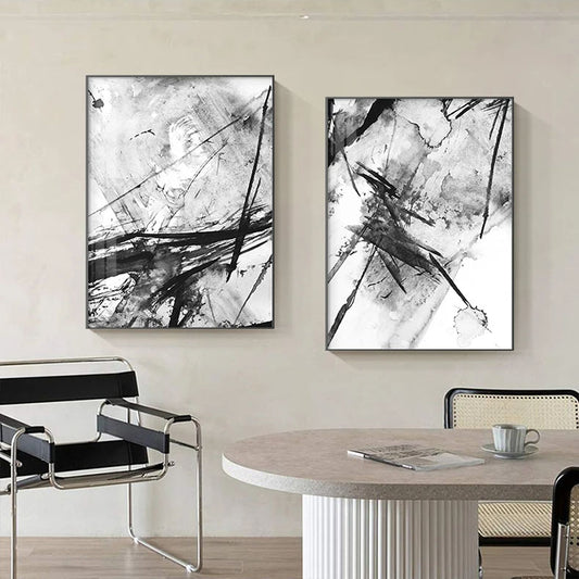 Abstract Ink Splash Black & White Wall Art Fine Art Canvas Prints - Pictures For Modern Apartment Living Room Dining Room Office Meeting Room Art For Contemporary Interiors
