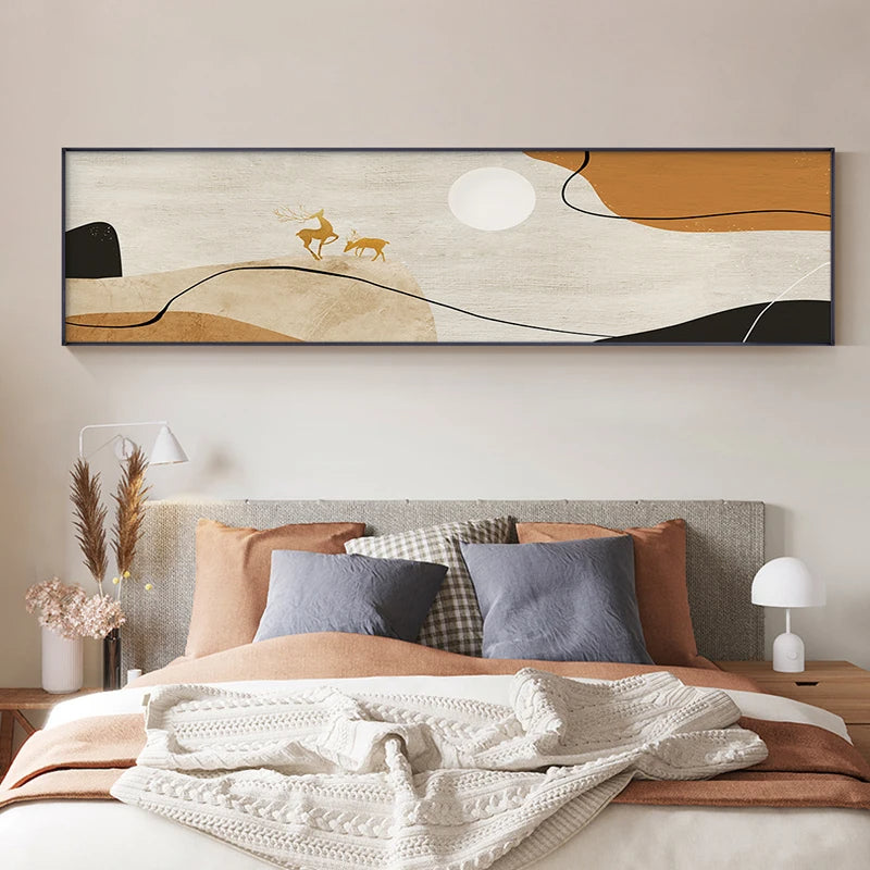Abstract Nordic Golden Deer Wide Format Landscape Wall Art Fine Art Canvas Prints - Modern Pictures For Living Room Above The Sofa Wide Art For Above The Bed