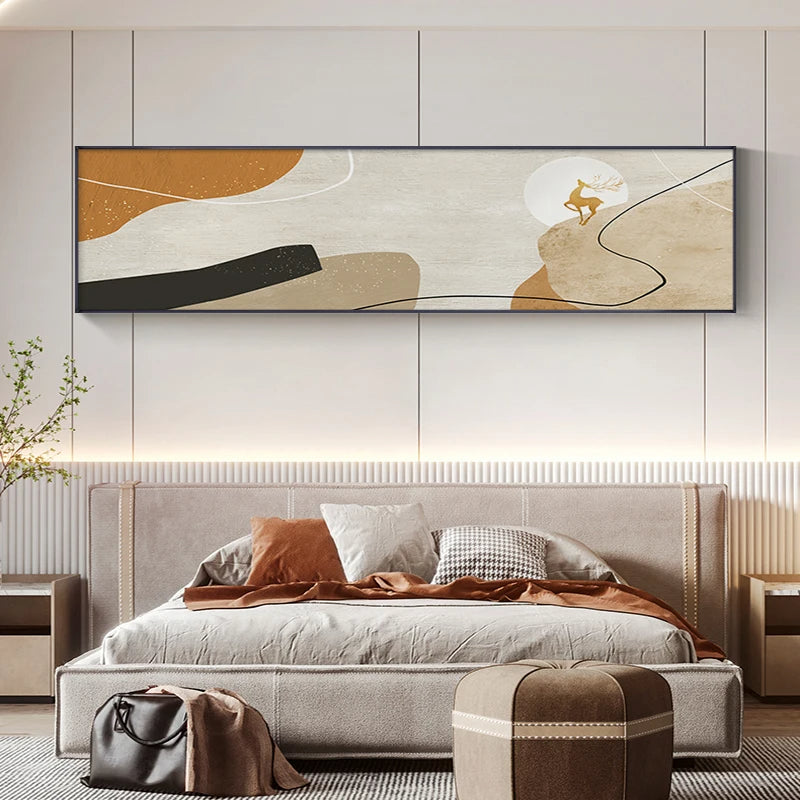 Abstract Nordic Golden Deer Wide Format Landscape Wall Art Fine Art Canvas Prints - Modern Pictures For Living Room Above The Sofa Wide Art For Above The Bed