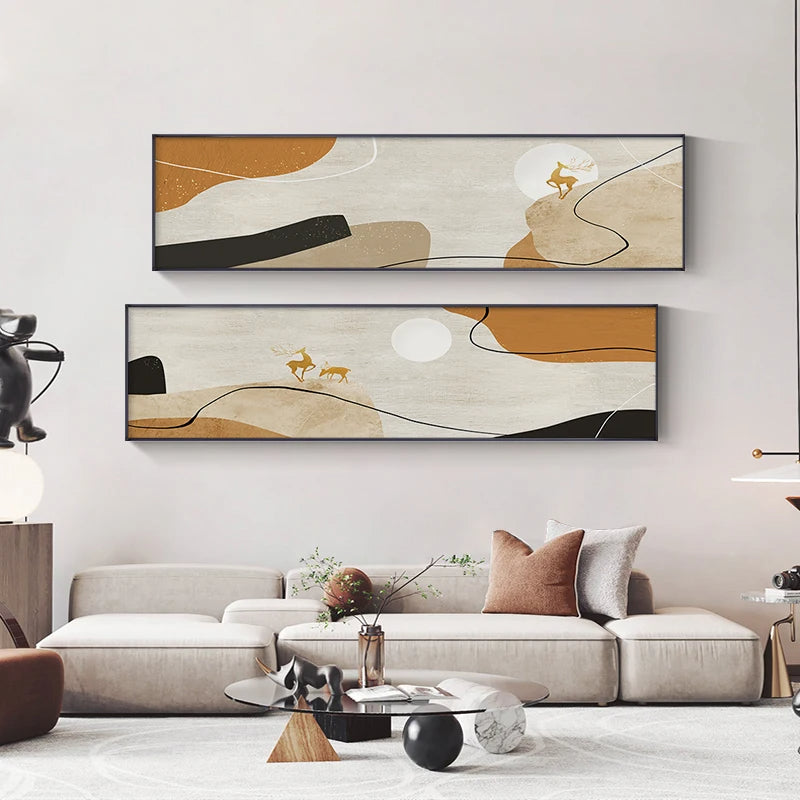 Abstract Nordic Golden Deer Wide Format Landscape Wall Art Fine Art Canvas Prints - Modern Pictures For Living Room Above The Sofa Wide Art For Above The Bed