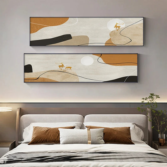 Abstract Nordic Golden Deer Wide Format Landscape Wall Art Fine Art Canvas Prints - Modern Pictures For Living Room Above The Sofa Wide Art For Above The Bed