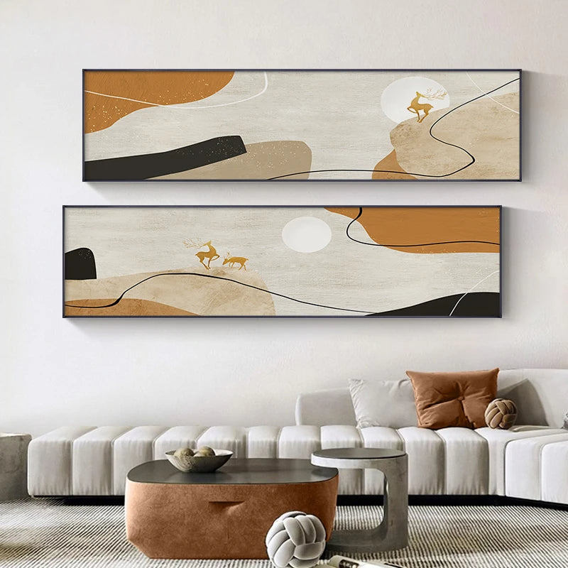 Abstract Nordic Golden Deer Wide Format Landscape Wall Art Fine Art Canvas Prints - Modern Pictures For Living Room Above The Sofa Wide Art For Above The Bed