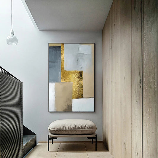 Abstract Shades of Grey Golden Color Block Wall Art Fine Art Canvas Prints - Modern Geometric Art For Living Room Dining Room Art For Contemporary Home Decor