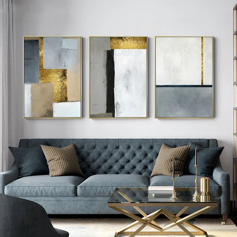 Abstract Shades of Grey Golden Color Block Wall Art Fine Art Canvas Prints - Modern Geometric Art For Living Room Dining Room Art For Contemporary Home Decor