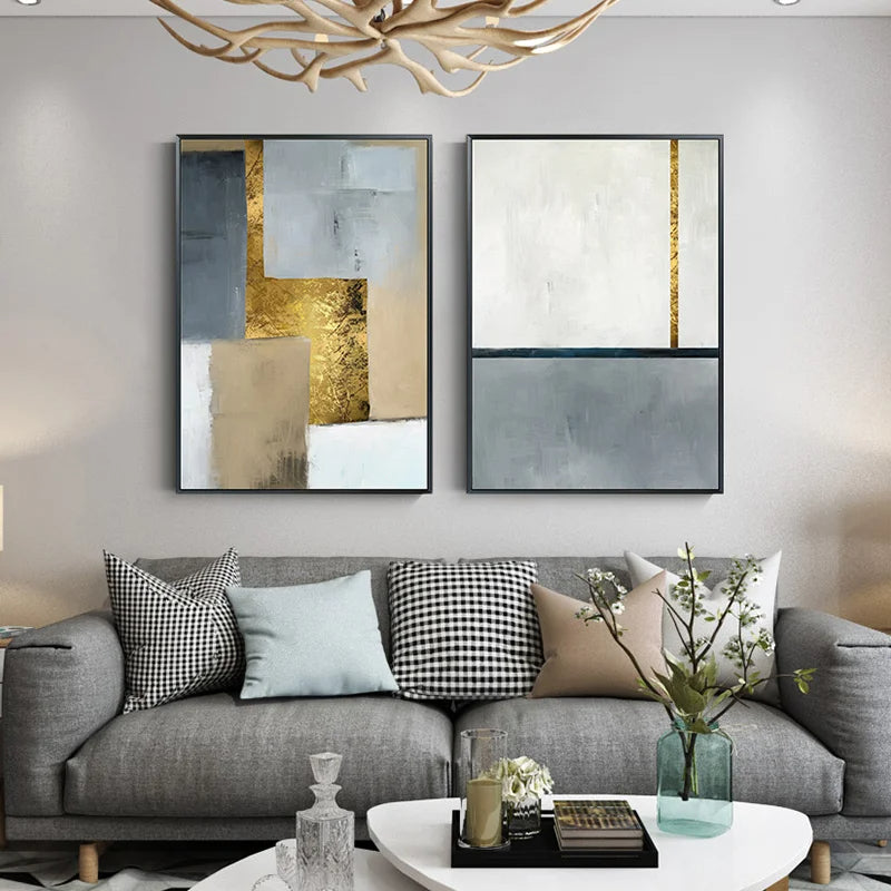 Abstract Shades of Grey Golden Color Block Wall Art Fine Art Canvas Prints - Modern Geometric Art For Living Room Dining Room Art For Contemporary Home Decor