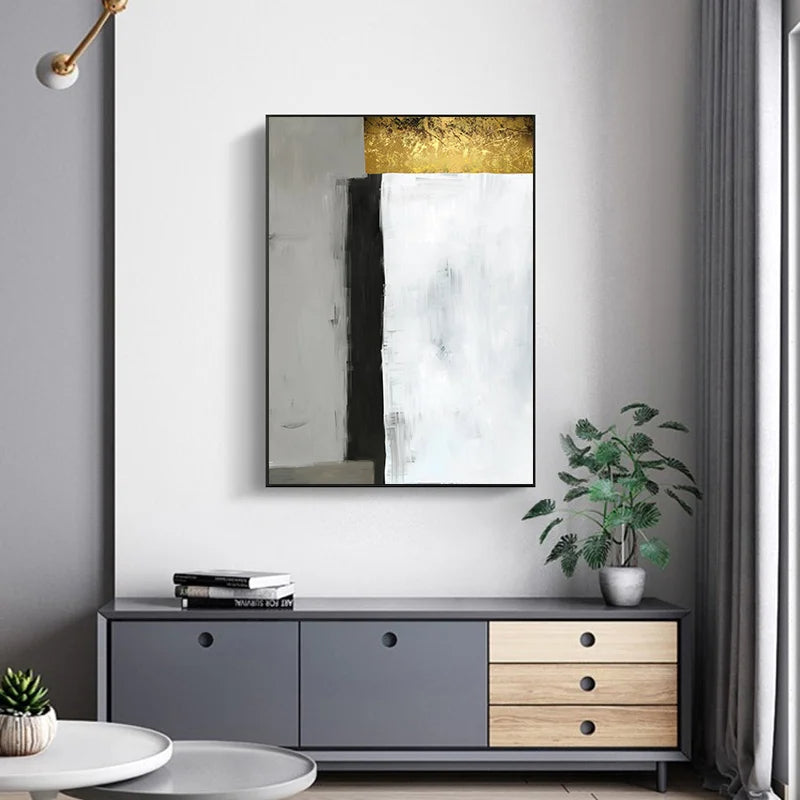 Abstract Shades of Grey Golden Color Block Wall Art Fine Art Canvas Prints - Modern Geometric Art For Living Room Dining Room Art For Contemporary Home Decor
