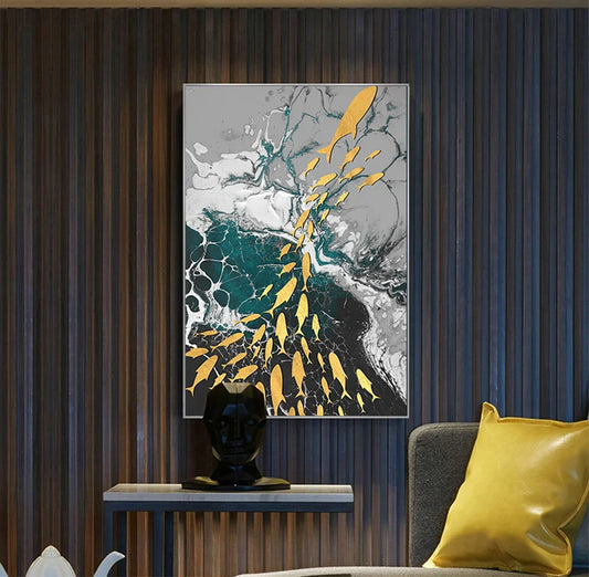 Aqua Marine Ocean Golden Fishes Wall Art Fine Art Canvas Prints - Modern Abstract Auspicious Wall Decor For Living Room Dining Room Art For Contemporary Interiors
