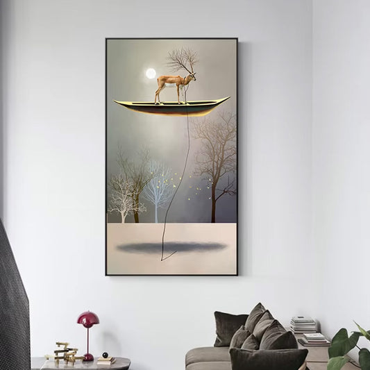 Auspicious Floating Golden Boat Surreal Wall Art Fine Art Canvas Prints - Modern Abstract Artwork For Living Room Dining Room Foyer Art For Contemporary Interiors