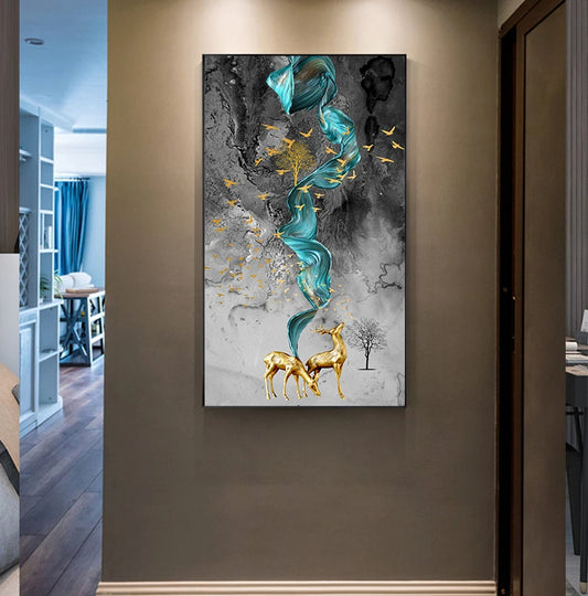 Auspicious Golden Deer Abstract Flowing Landscape Wall Art Fine Art Canvas Prints - Light Luxury Art For Modern Apartment Living Room Dining Room Entranceway Foyer Art Decor