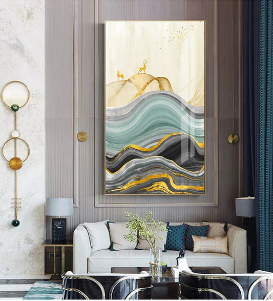 Auspicious Golden Deer Mountain Abstract Landscape Wall Art Fine Art Canvas Prints - Pictures For Living Room Dining Room Light Luxury Art For Modern Interiors