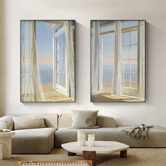 Balcony Blue Sea View Seascape Wall Art Fine Art Canvas Print - Inspirational Scenery Pictures For Living Room Foyer Modern Reception Room Art Decor