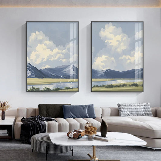 Big Blue Sky Mountain Lake Landscape Wall Art Fine Art Canvas Prints - Colorful Scenic Pictures For Living Room Bedroom Hotel Room Art For Modern Home Decor.