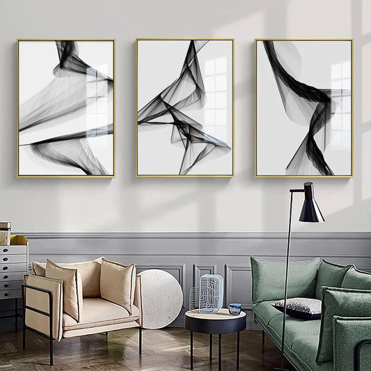 Black White Flowing Lines Abstract Minimalist Wall Art Fine Art Canvas Prints - Pictures For Modern Apartment Living Room Dining Room Art For Contemporary Interiors