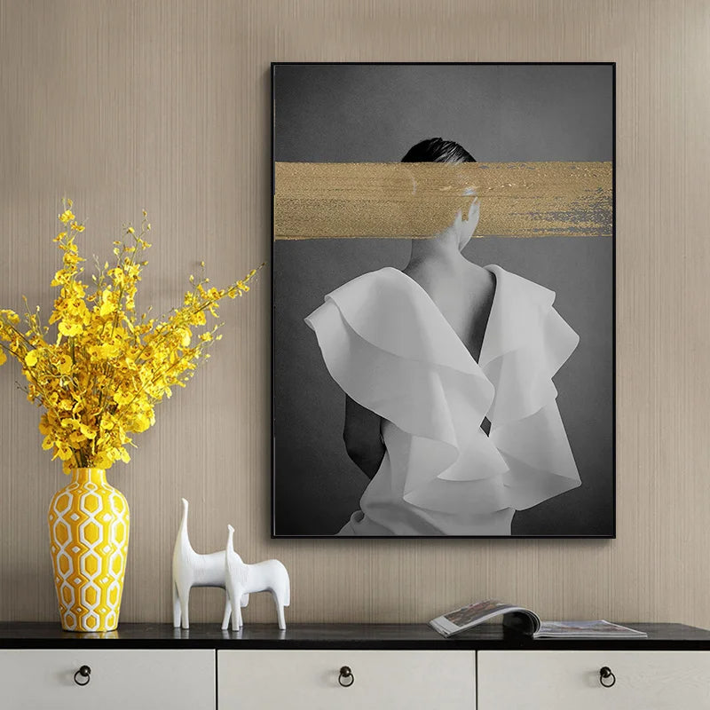 Black White Golden Graffiti Fashion Wall Art Fine Art Canvas Prints - Modern Art For Beauty Salon Living Room Bedroom Art For Contemporary Interiors