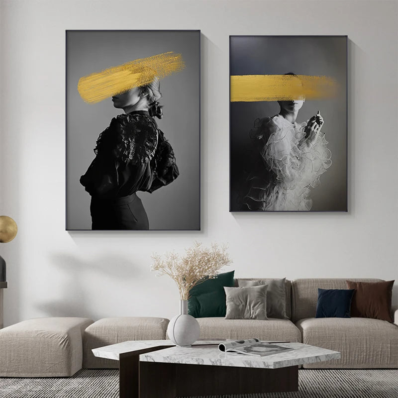 Black White Golden Graffiti Fashion Wall Art Fine Art Canvas Prints - Modern Art For Beauty Salon Living Room Bedroom Art For Contemporary Interiors