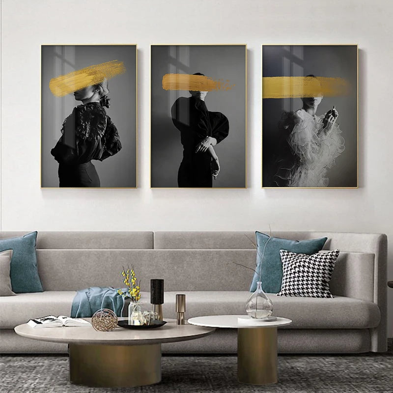 Black White Golden Graffiti Fashion Wall Art Fine Art Canvas Prints - Modern Art For Beauty Salon Living Room Bedroom Art For Contemporary Interiors