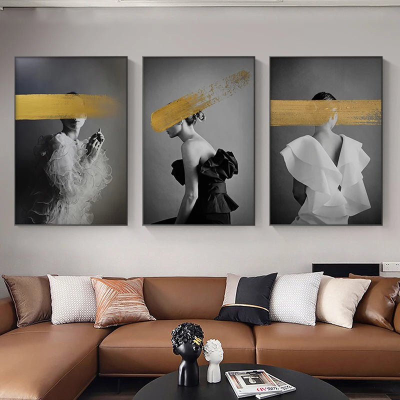 Black White Golden Graffiti Fashion Wall Art Fine Art Canvas Prints - Modern Art For Beauty Salon Living Room Bedroom Art For Contemporary Interiors