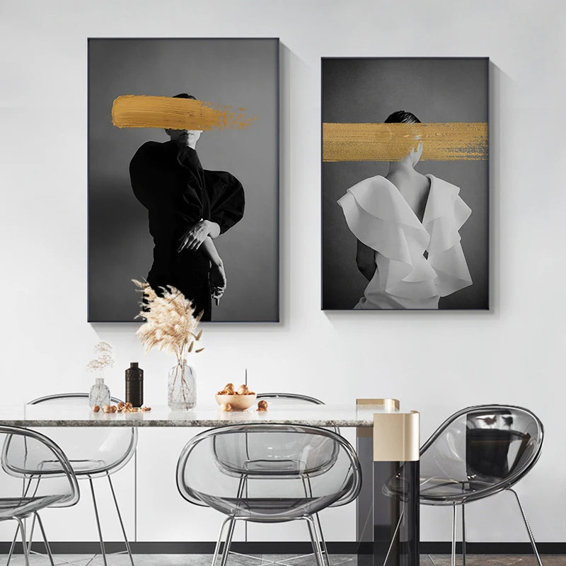 Black White Golden Graffiti Fashion Wall Art Fine Art Canvas Prints - Modern Art For Beauty Salon Living Room Bedroom Art For Contemporary Interiors