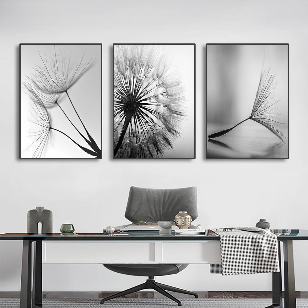 Black White Minimalist Dandelion Abstract Wall Art Fine Art Canvas Prints - Simple Lifestyle Art For Modern Apartment Living Room Dining Room Bedroom Art Decor