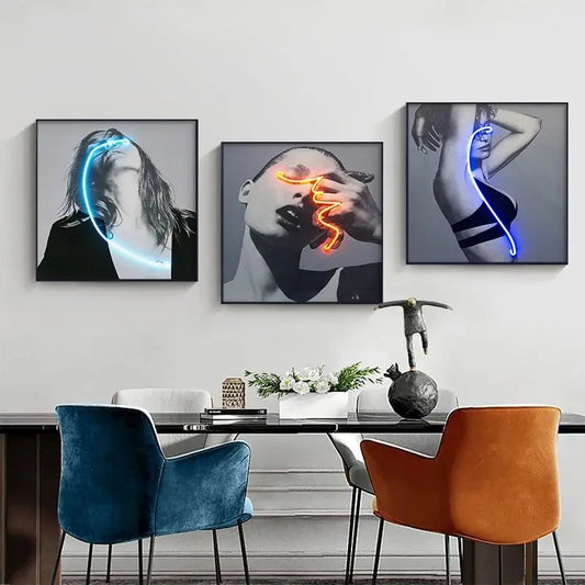 Black White Neon Fashion Model Wall Art Square Format Fine Art Canvas Prints - Modern Art For Boutique Studio Salon Art Decor