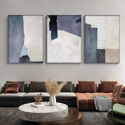 Blue Beige Geometric Abstract Wall Art Fine Art Canvas Prints - Art For Modern Apartment Living Room Dining Room Bedroom Art For Contemporary Interiors