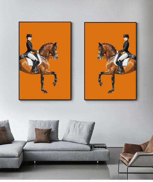 Chic Orange Black Dressage Wall Art Fine Art Canvas Print - Modern Equestrian Pictures For Living Room Dining Room Art For Contemporary Interiors