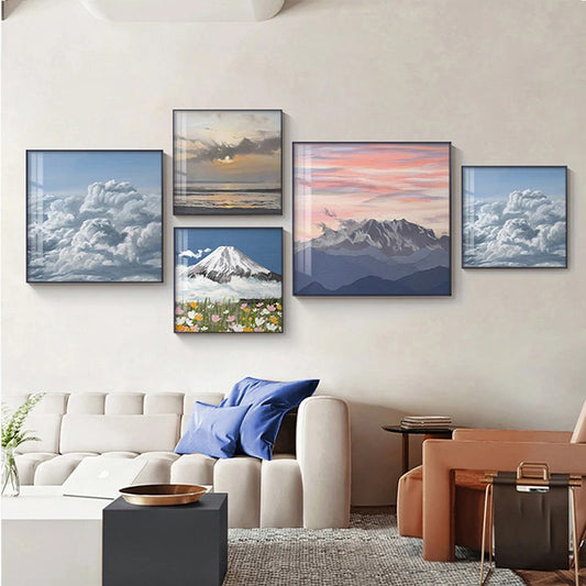 Colorful Blue Sky Floral Landscape Wall Art Fine Art Canvas Prints - Square Format Pictures For Living Room Bedroom Hotel Room Art For Modern Living