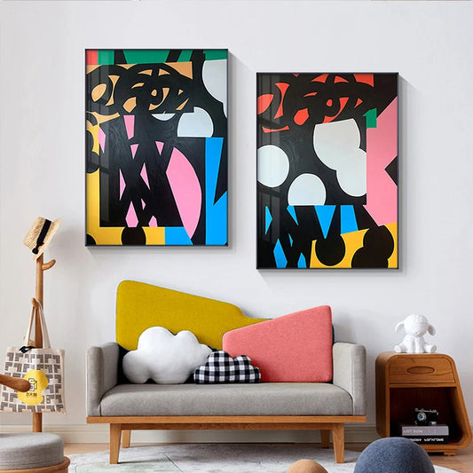 Colorful Retro Graffiti Abstract Wall Art Fine Art Canvas Prints - Contemporary Art For Modern Loft Apartment Living Room Art For Home Office Boutique Hotel Room Decor
