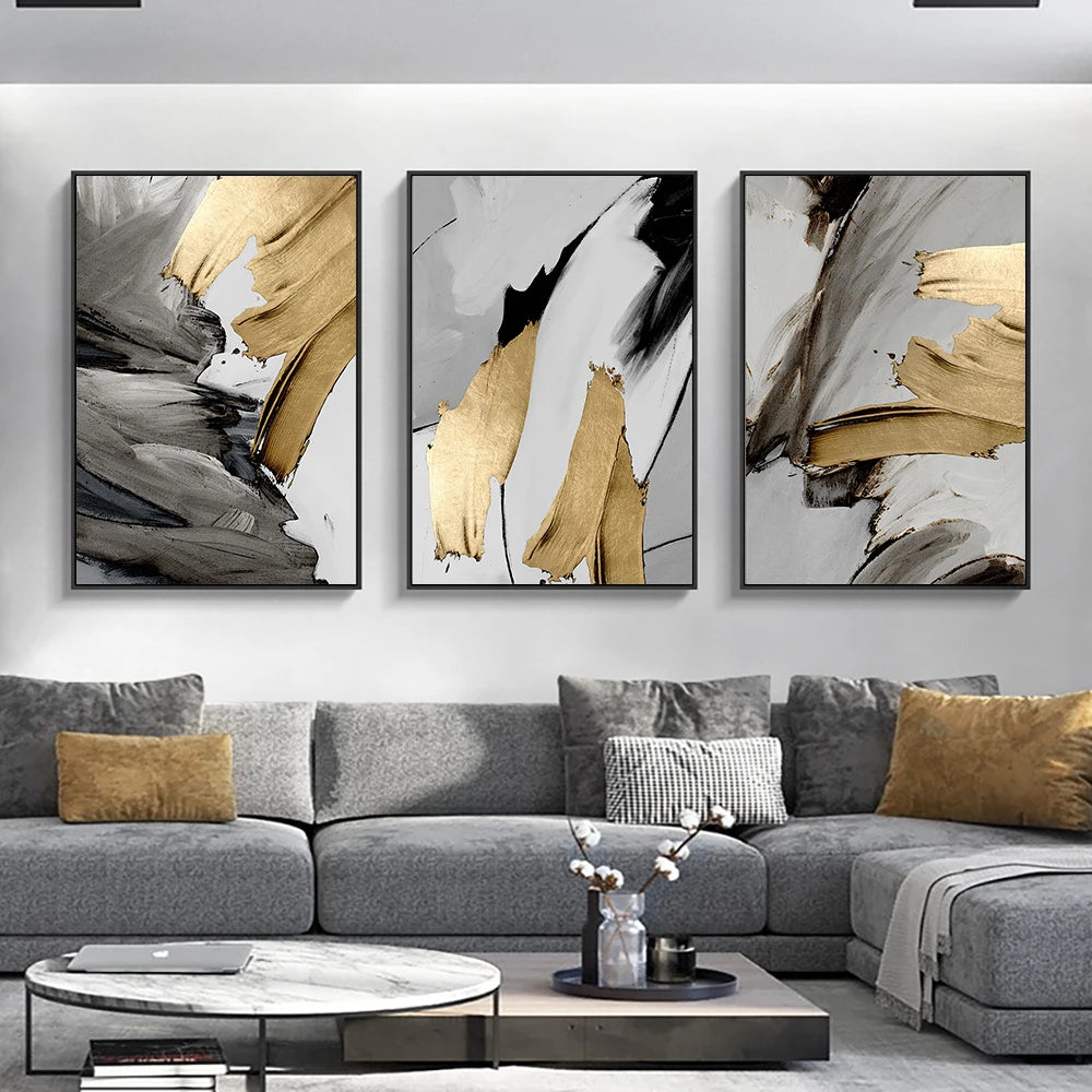 Elegant Golden Grey Abstract Wall Art Fine Art Canvas Prints - Pictures For Modern Apartment Living Room Dining Room Contemporary Bedroom Art Decor