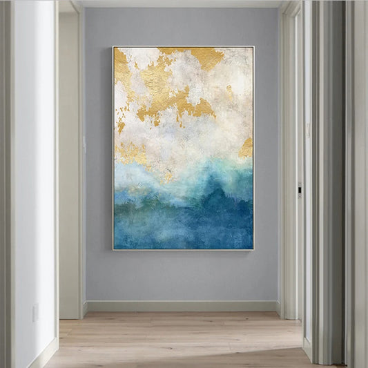 Golden Blue Marble Print Wall Art Fine Art Canvas Prints - Chic Abstract Pictures For Living Room Dining Room Home Office Art Decor
