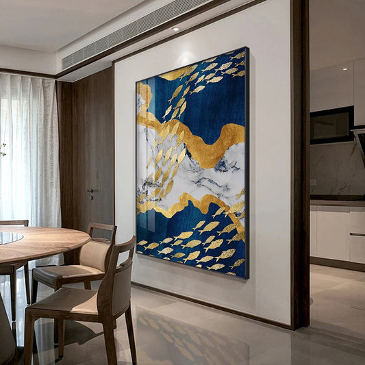 Golden Fishes In The Blue Sea Abstract Wall Art Fine Art Canvas Prints - Auspicious Art For Living Room Dining Room Art For Contemporary Home Office Interiors