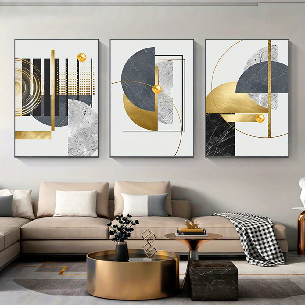 Golden Grey Abstract Geometric Wall Art Fine Art Canvas Prints - Modern Artworks For Apartment Living Room Dining Room Bedroom Art For Contemporary Interiors