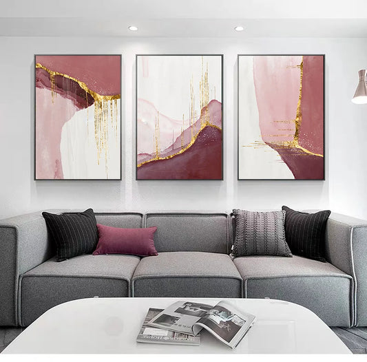 Golden Pink Nordic Abstract Wall Art Fine Art Canvas Prints - Modern Art For Living Room Bedroom Dining Room Salon Art For Contemporary Home Interiors