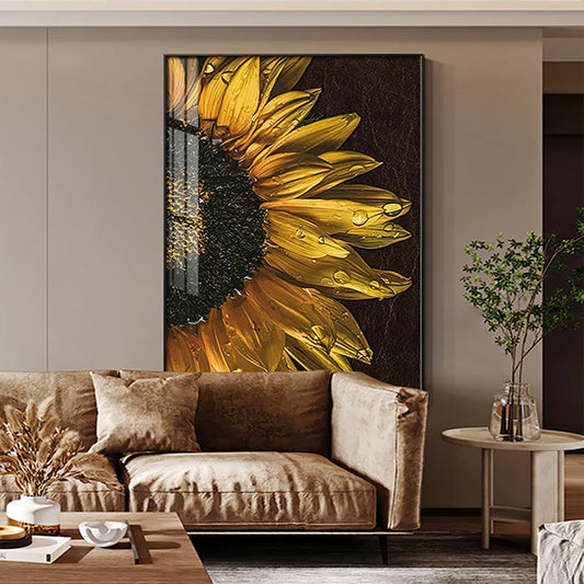 Golden Sunflowers Modern Botanical Wall Art Fine Art Canvas Prints - Big Floral Pictures For Dining Room Kitchen Living Room Art For Modern Home Office Interiors