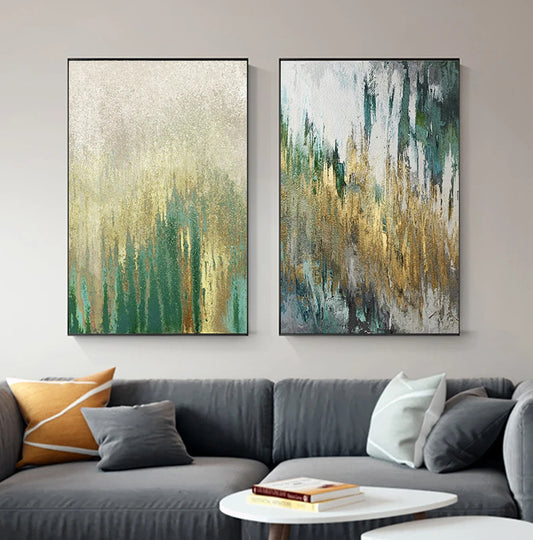 Green Golden Contemporary Urban Abstract Wall Art Fine Art Canvas Prints - Art For Living Room Dining Room Office Meeting Room Art For Modern Home Office Interiors