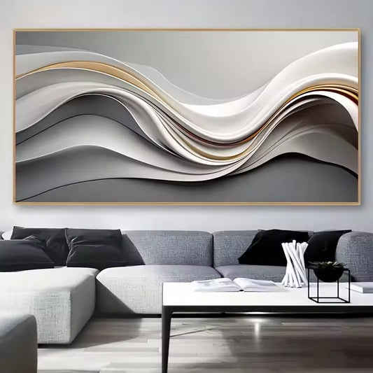 Grey Beige Minimalist Abstract Flowing Lines Wall Art Fine Art Canvas Prints - Modern Artwork For Living Room Above The Sofa Wide Art For Above The Bed