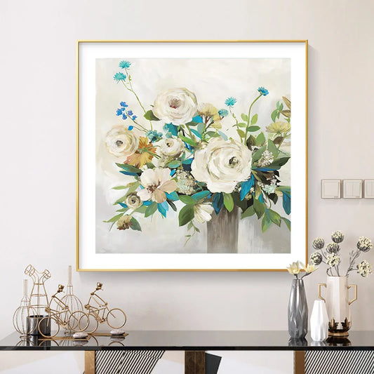 Pink Blue Delightful Floral Wall Art Fine Art Canvas Prints - Modern Square Format Botanical Art For Living Room Dining Room Bedroom Art Decor