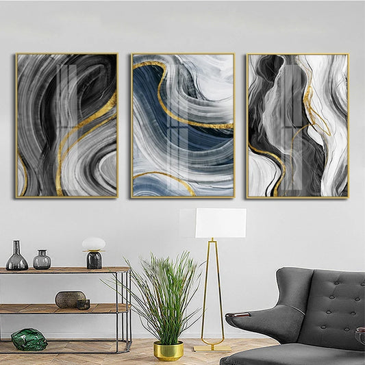 Blue Grey Golden Flowing Abstract Wall Art Fine Art Canvas Prints - Modern Artworks For Living Room Dining Room Bedroom Art For Light Luxury Home Decor