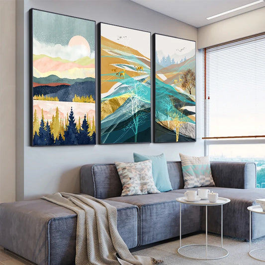 Golden Deer Auspicious Landscape Wall Art Fine Art Canvas Prints - Modern Luxury Abstract Artworks For Living Room Dining Room Home Office Art Decor