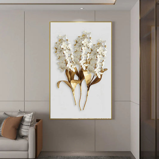 Golden White Floral Abstract Wall Art Fine Art Canvas Print - Modern Botanical Picture For Foyer Living Room Dining Room Art For Contemporary Home Office Interiors