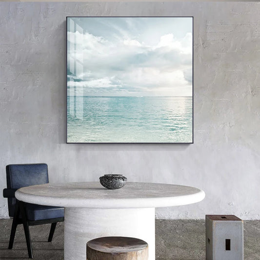 Tropical Beach Scene Light Blue Sea Coastal Wall Art Fine Art Canvas Prints - Square Format Pictures For Living Room Bedroom Art For Contemporary Home Decor