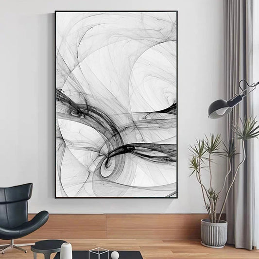 Minimalist Flowing Black White Abstract Wall Art Fine Art Canvas Prints - Modern Artworks For Living Room Dining Room Home Office Art Decor
