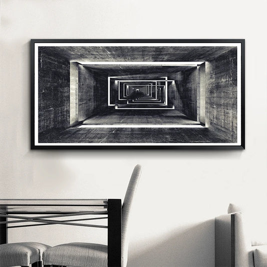 Modern Abstract Tunnel Vision Architectural Wall Art Fine Art Canvas Print - Black White Poster For Home Office Foyer Reception Room Living Room Art Decor