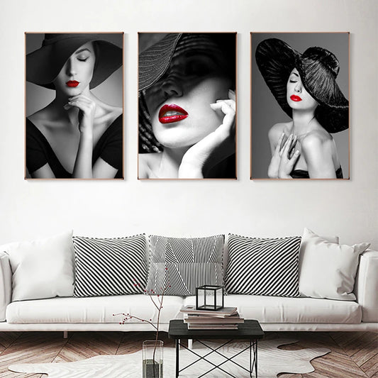 Modern Retro Black White Fashion Girl Wall Art Fine Art Canvas Prints - Pictures For Living Room Bedroom Boutique Salon Art Decor