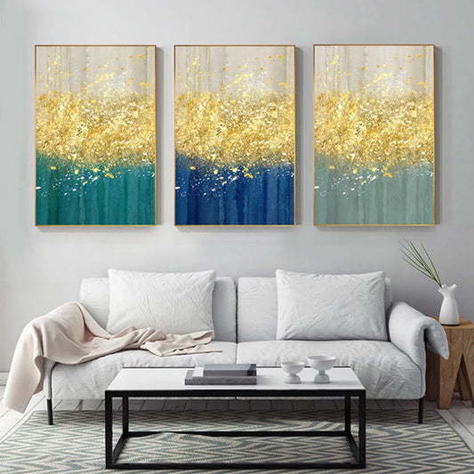 Auspicious Gold & Blue Aqua Green Tree Canvas Print Wall Art – Modern Abstract Art for Living Room, Bedroom, Dining Room & Salon Décor